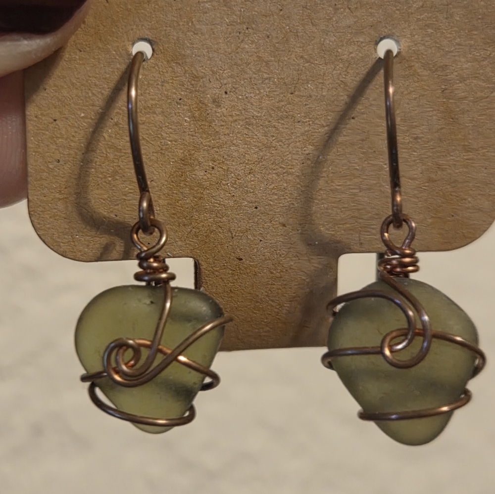 Handmade Green Seaglass Copper Wire-Wrapped Earrings